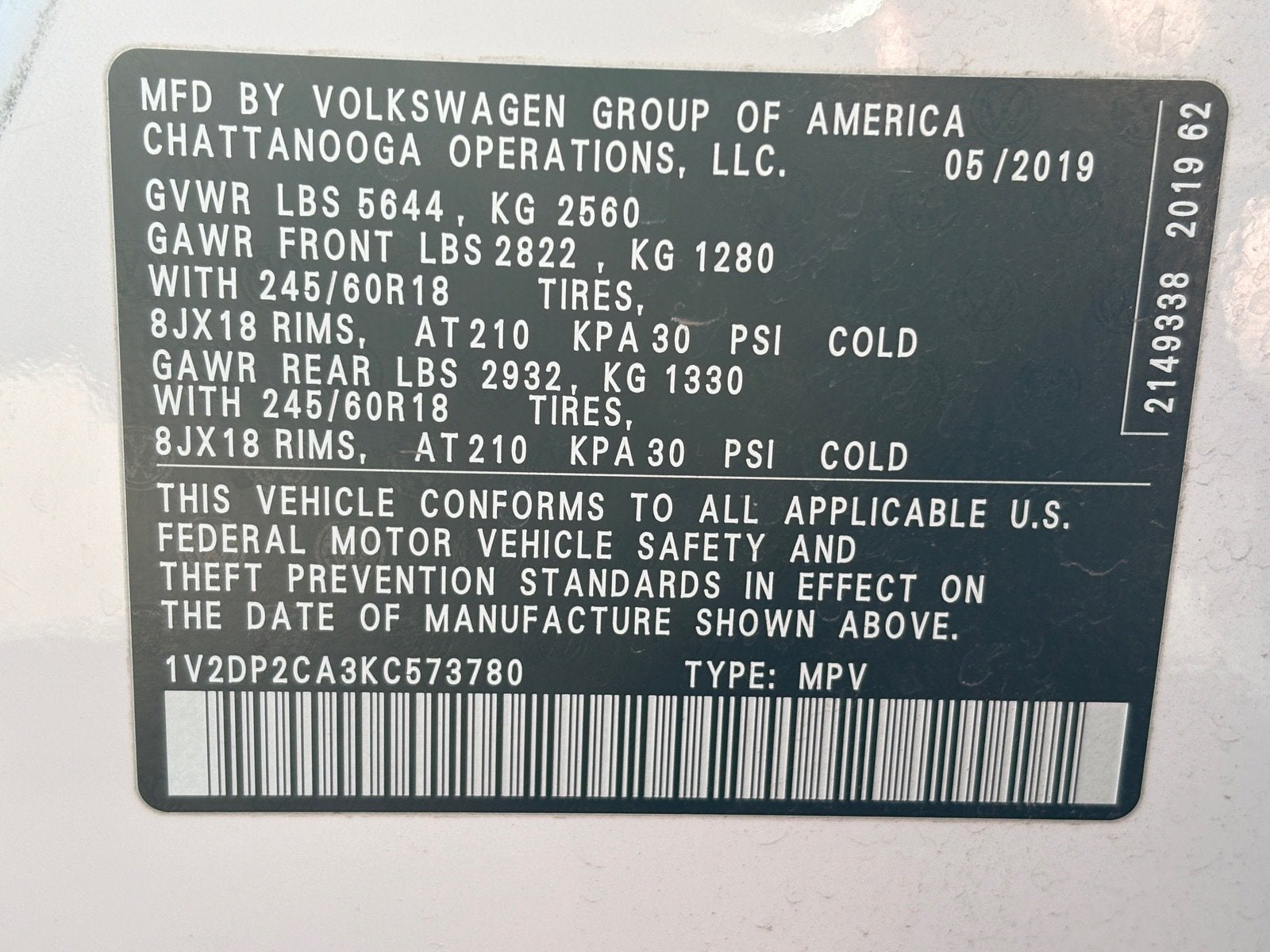 2019 Volkswagen Atlas 2.0T SE